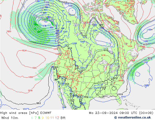 High wind areas ECMWF lun 23.09.2024 09 UTC