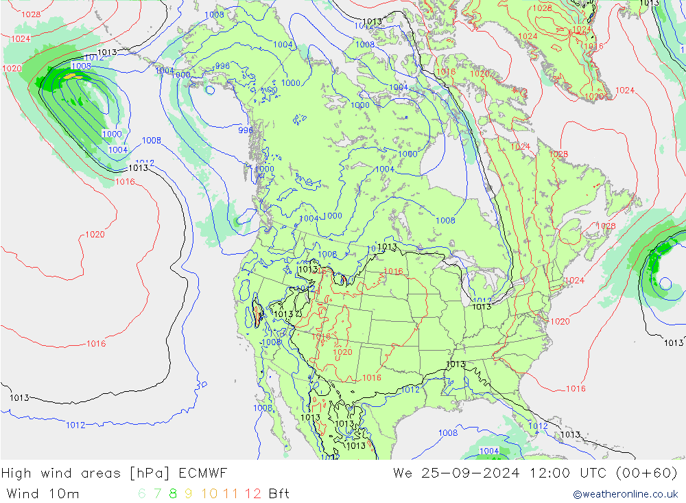 High wind areas ECMWF We 25.09.2024 12 UTC