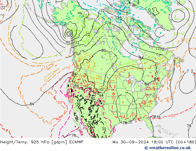 Height/Temp. 925 hPa ECMWF Mo 30.09.2024 18 UTC