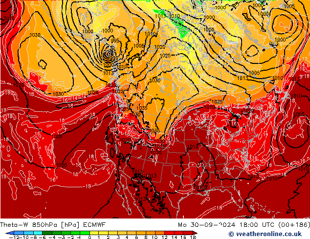 Theta-W 850hPa ECMWF pon. 30.09.2024 18 UTC