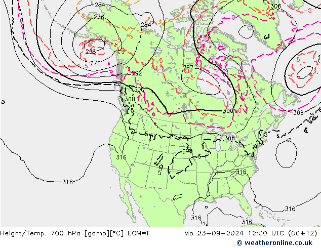 Height/Temp. 700 гПа ECMWF пн 23.09.2024 12 UTC