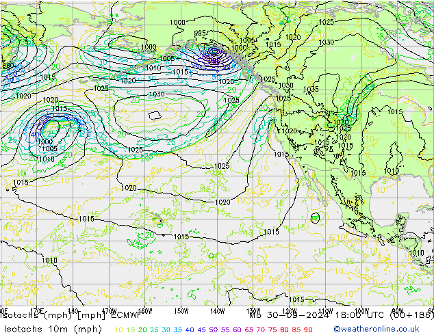 Isotachs (mph) ECMWF Mo 30.09.2024 18 UTC