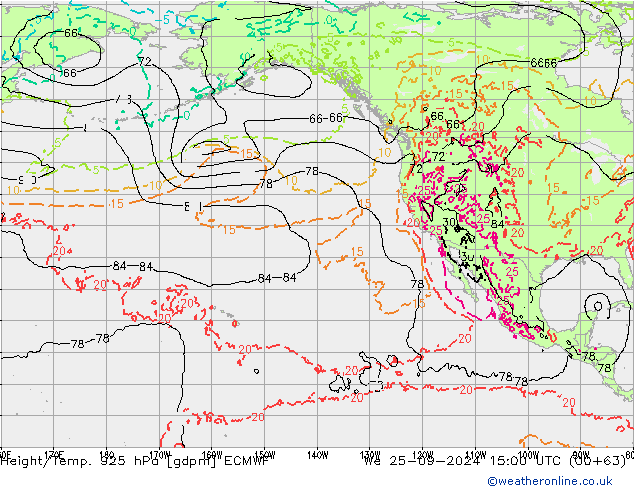 Height/Temp. 925 hPa ECMWF śro. 25.09.2024 15 UTC