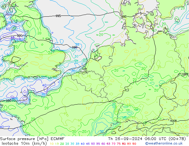 Isotachen (km/h) ECMWF do 26.09.2024 06 UTC