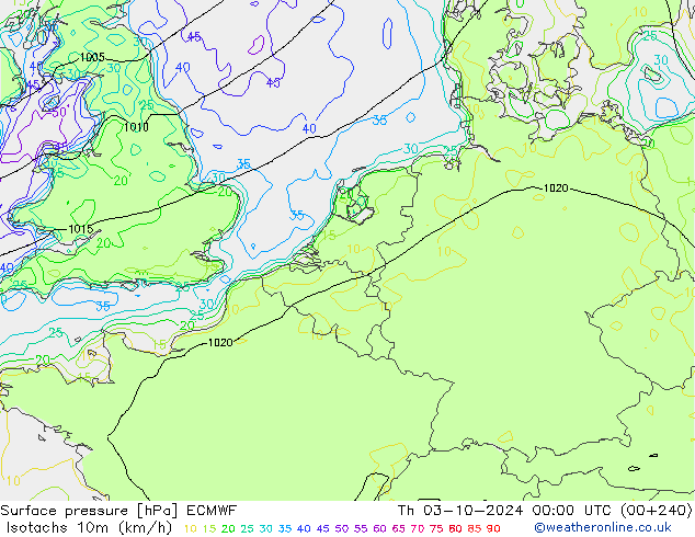 Izotacha (km/godz) ECMWF czw. 03.10.2024 00 UTC