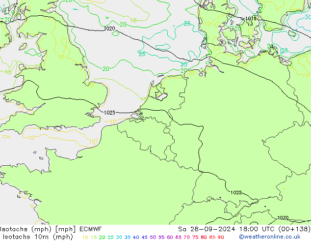 Isotachen (mph) ECMWF Sa 28.09.2024 18 UTC