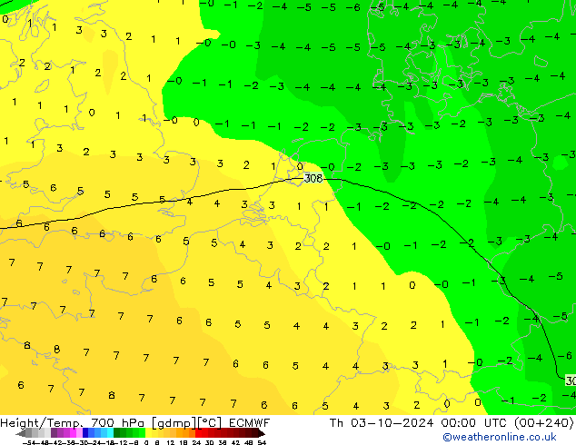 Height/Temp. 700 hPa ECMWF Čt 03.10.2024 00 UTC