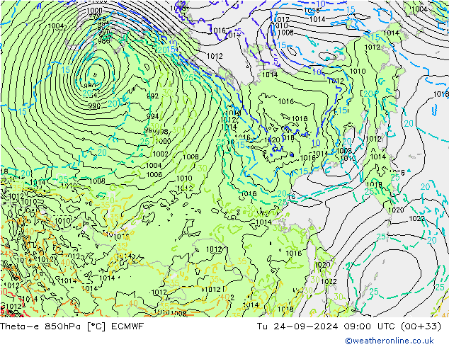 Theta-e 850hPa ECMWF wto. 24.09.2024 09 UTC