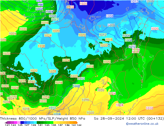 Thck 850-1000 hPa ECMWF so. 28.09.2024 12 UTC