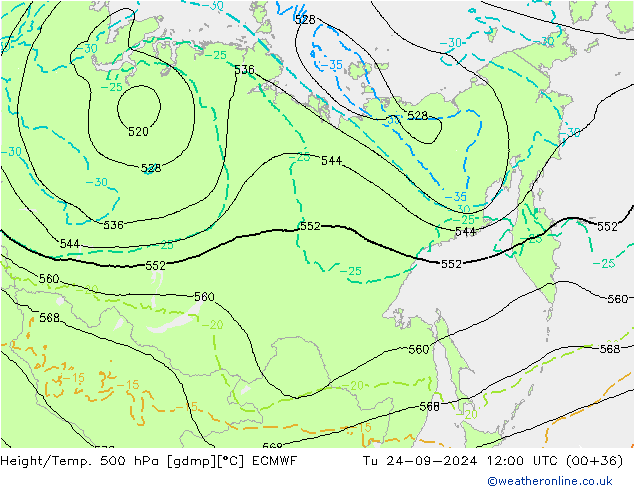 Z500/Rain (+SLP)/Z850 ECMWF Út 24.09.2024 12 UTC