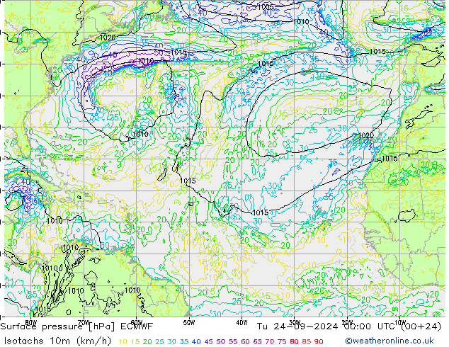 Eşrüzgar Hızları (km/sa) ECMWF Sa 24.09.2024 00 UTC