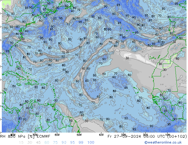 RH 850 гПа ECMWF пт 27.09.2024 06 UTC