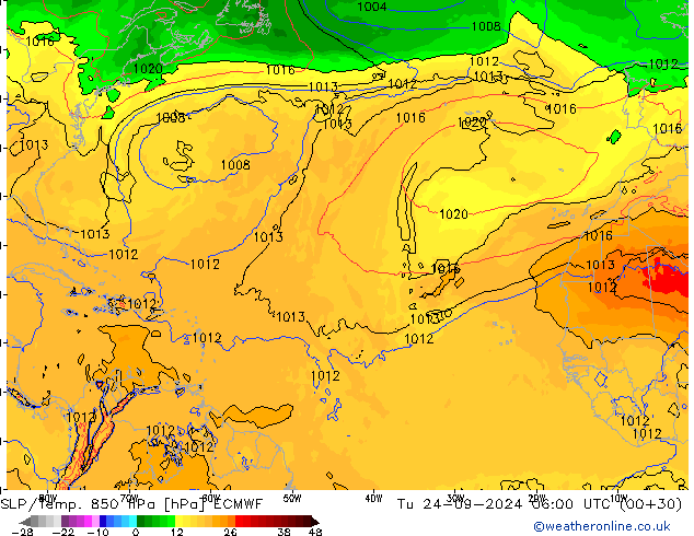 SLP/Temp. 850 hPa ECMWF Ter 24.09.2024 06 UTC