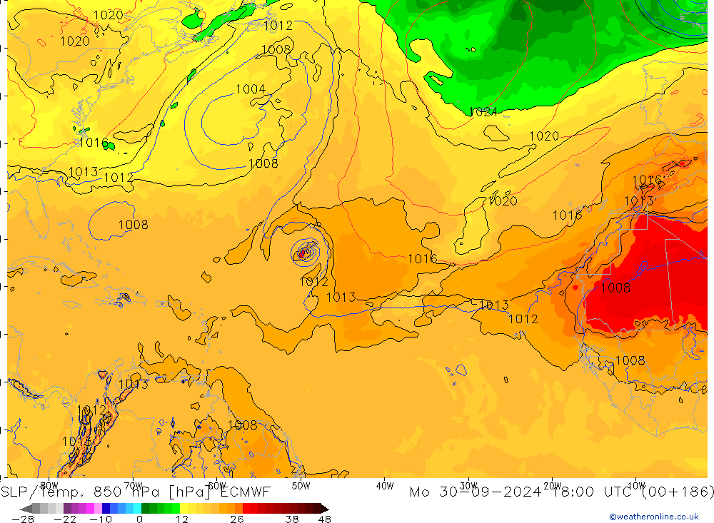 SLP/Temp. 850 hPa ECMWF pon. 30.09.2024 18 UTC