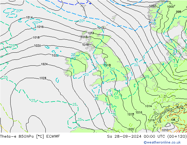 Theta-e 850hPa ECMWF Sa 28.09.2024 00 UTC