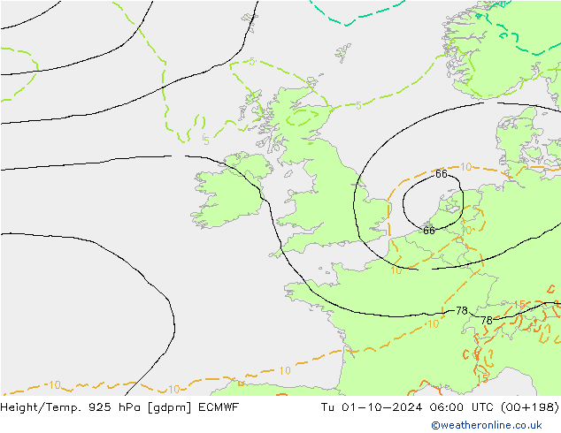 Height/Temp. 925 hPa ECMWF mar 01.10.2024 06 UTC