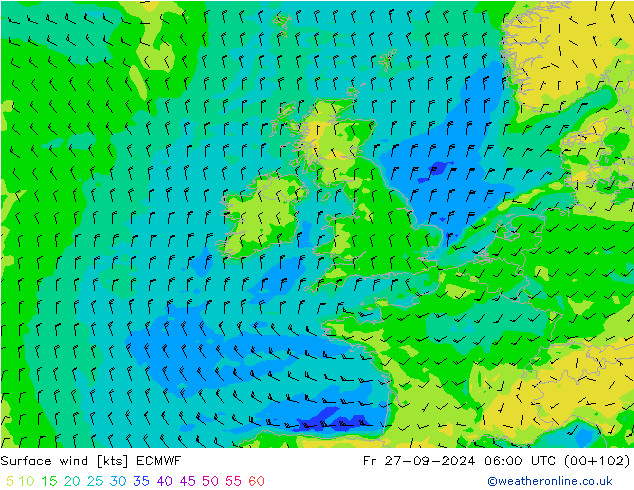 Viento 10 m ECMWF vie 27.09.2024 06 UTC