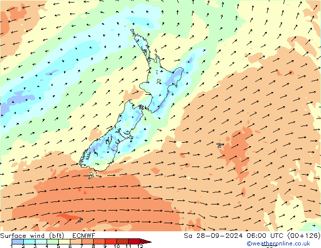 Surface wind (bft) ECMWF Sa 28.09.2024 06 UTC