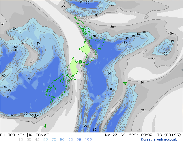 RH 300 hPa ECMWF Mo 23.09.2024 00 UTC