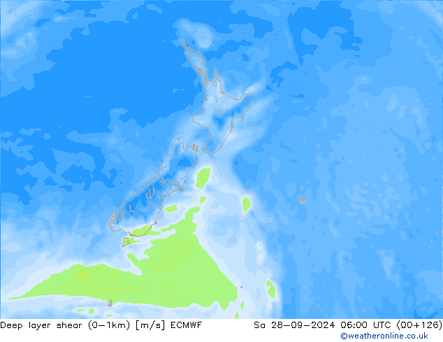 Deep layer shear (0-1km) ECMWF сб 28.09.2024 06 UTC