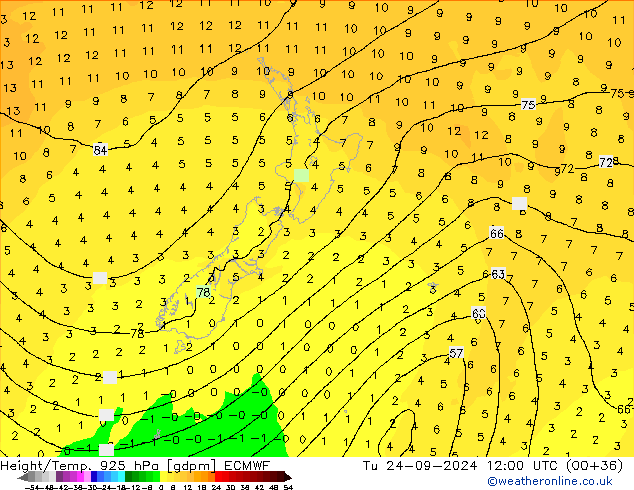 Height/Temp. 925 hPa ECMWF  24.09.2024 12 UTC