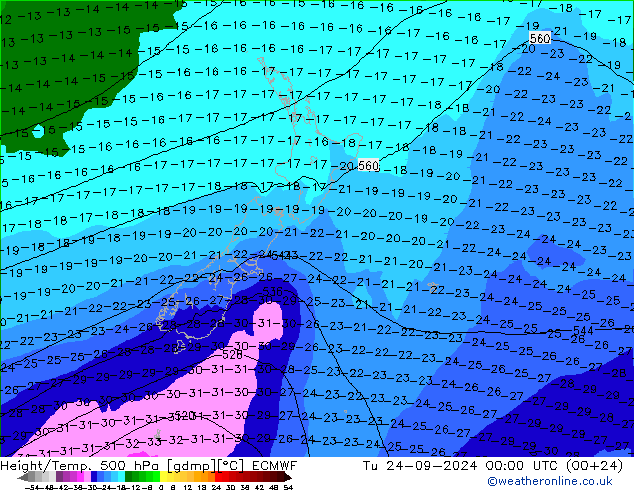 Z500/Regen(+SLP)/Z850 ECMWF di 24.09.2024 00 UTC