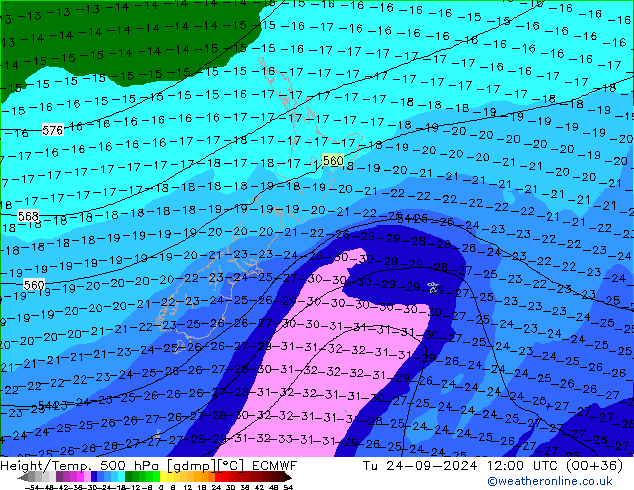 Z500/Rain (+SLP)/Z850 ECMWF Út 24.09.2024 12 UTC