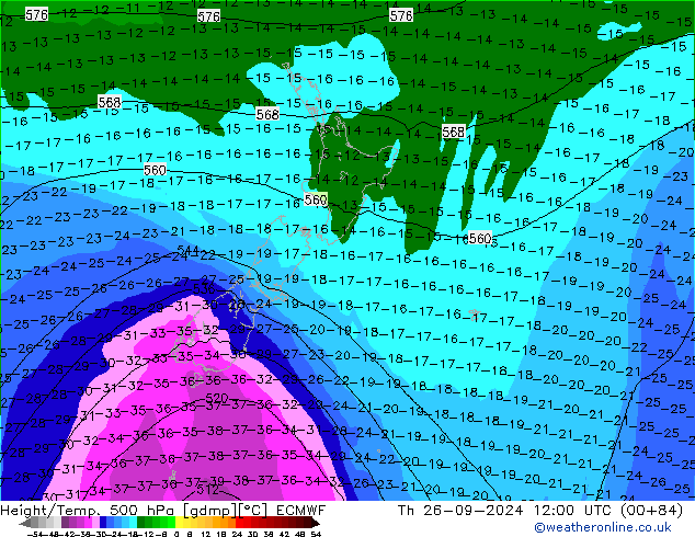 Z500/Rain (+SLP)/Z850 ECMWF czw. 26.09.2024 12 UTC