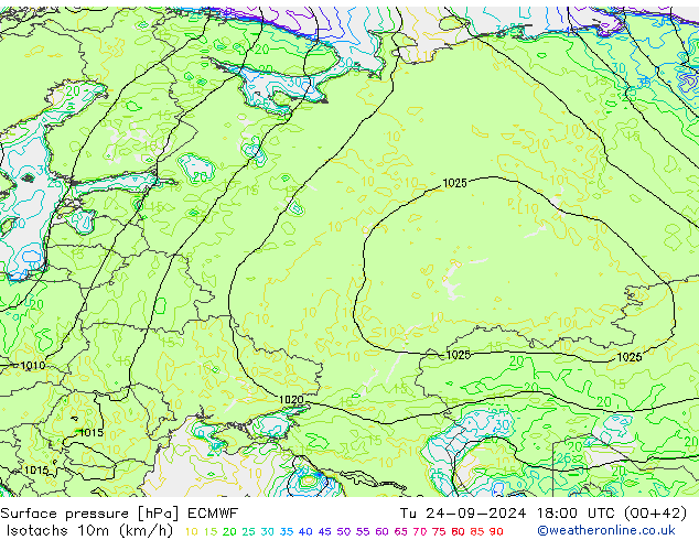 Isotachs (kph) ECMWF вт 24.09.2024 18 UTC