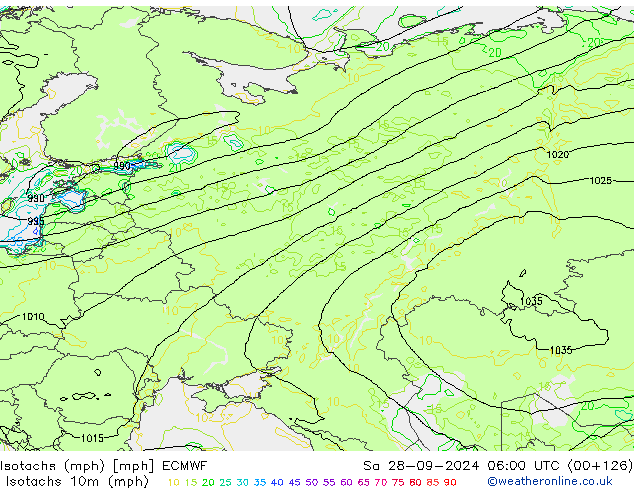 Isotachs (mph) ECMWF сб 28.09.2024 06 UTC