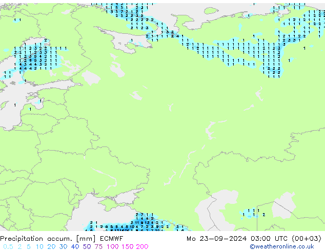 Precipitation accum. ECMWF pon. 23.09.2024 03 UTC