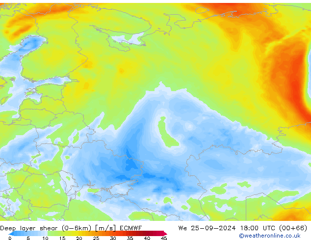 Deep layer shear (0-6km) ECMWF We 25.09.2024 18 UTC