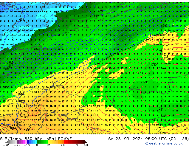 SLP/Temp. 850 гПа ECMWF сб 28.09.2024 06 UTC