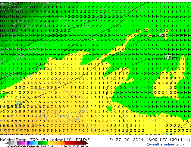 Géop./Temp. 700 hPa ECMWF ven 27.09.2024 18 UTC