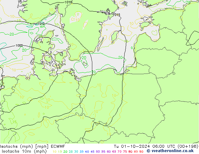 Isotachen (mph) ECMWF di 01.10.2024 06 UTC