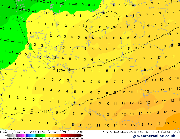 Height/Temp. 850 hPa ECMWF sab 28.09.2024 00 UTC