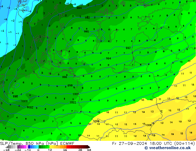 SLP/Temp. 850 hPa ECMWF Pá 27.09.2024 18 UTC