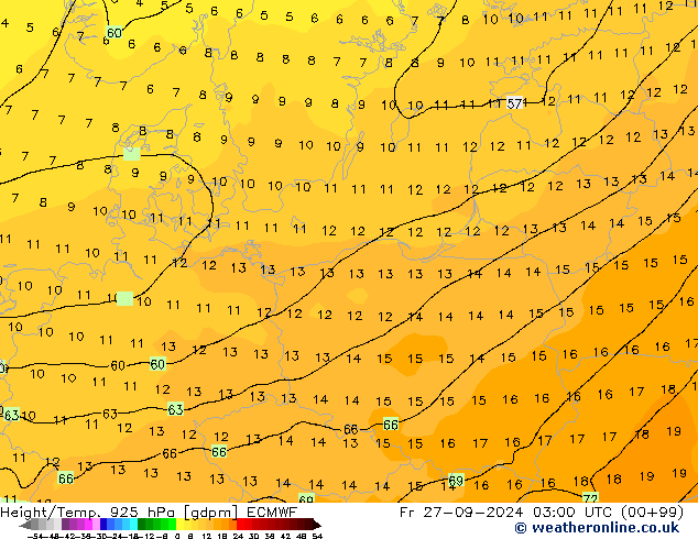 Height/Temp. 925 гПа ECMWF пт 27.09.2024 03 UTC