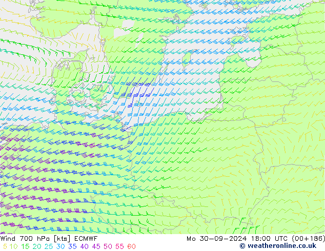 wiatr 700 hPa ECMWF pon. 30.09.2024 18 UTC