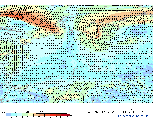 Wind 10 m (bft) ECMWF wo 25.09.2024 15 UTC