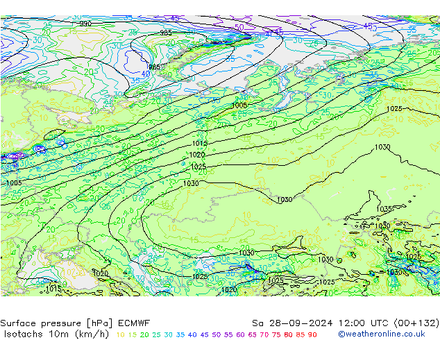 Isotachs (kph) ECMWF Sa 28.09.2024 12 UTC