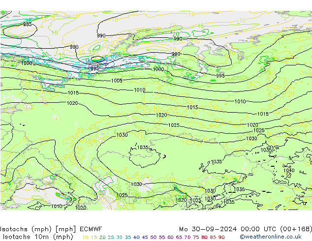 Isotachs (mph) ECMWF пн 30.09.2024 00 UTC