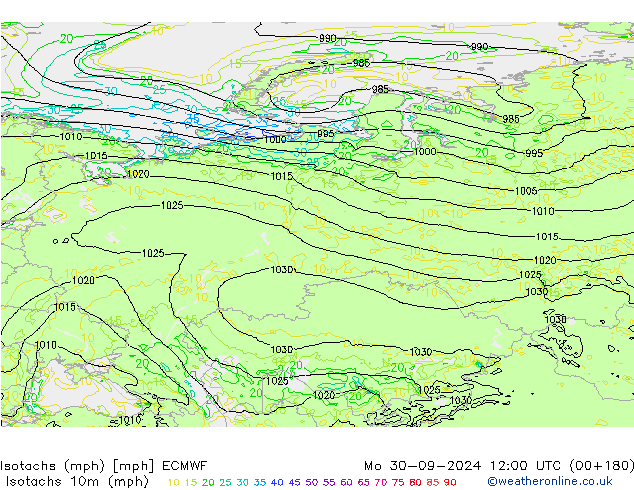 Izotacha (mph) ECMWF pon. 30.09.2024 12 UTC