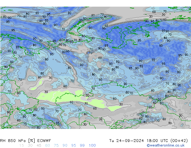 RH 850 hPa ECMWF wto. 24.09.2024 18 UTC