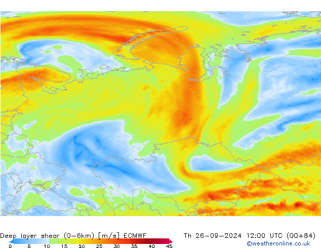 Deep layer shear (0-6km) ECMWF gio 26.09.2024 12 UTC