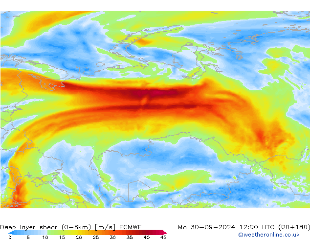 Deep layer shear (0-6km) ECMWF lun 30.09.2024 12 UTC