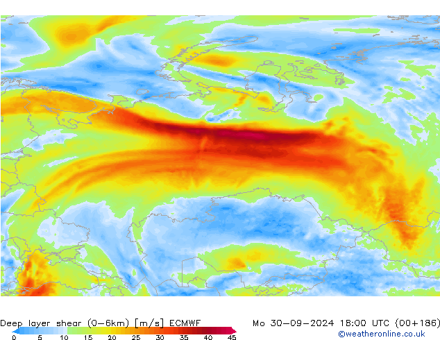 Deep layer shear (0-6km) ECMWF Po 30.09.2024 18 UTC