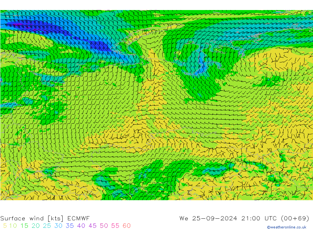 Surface wind ECMWF We 25.09.2024 21 UTC