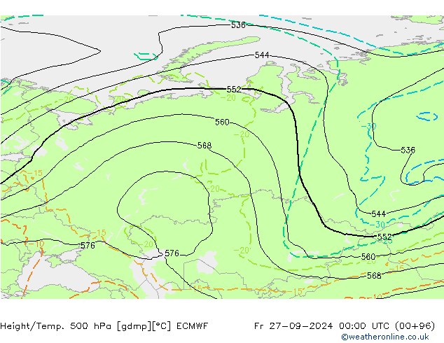 Z500/Rain (+SLP)/Z850 ECMWF Fr 27.09.2024 00 UTC