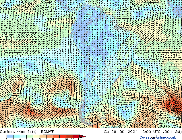 Surface wind (bft) ECMWF Ne 29.09.2024 12 UTC